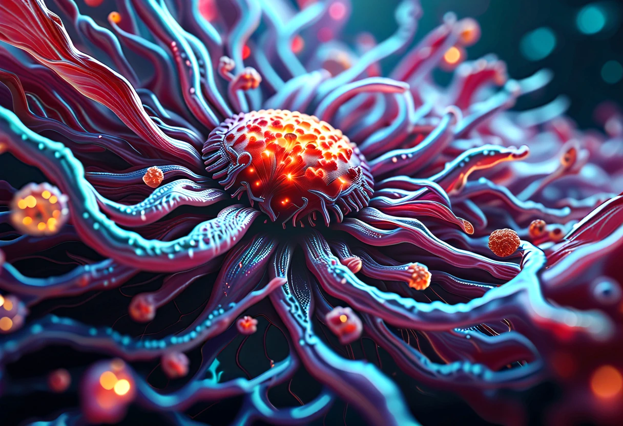 Realistic, with a "retro science fiction" theme, a battle unfolds in the microscopic world, a battle between immune cells and viruses in the blood vessels of the human body, a dramatic depiction of the battle that repeats itself within the human body, sophisticated design, advanced lighting technology, and 8K quality live-action photos.