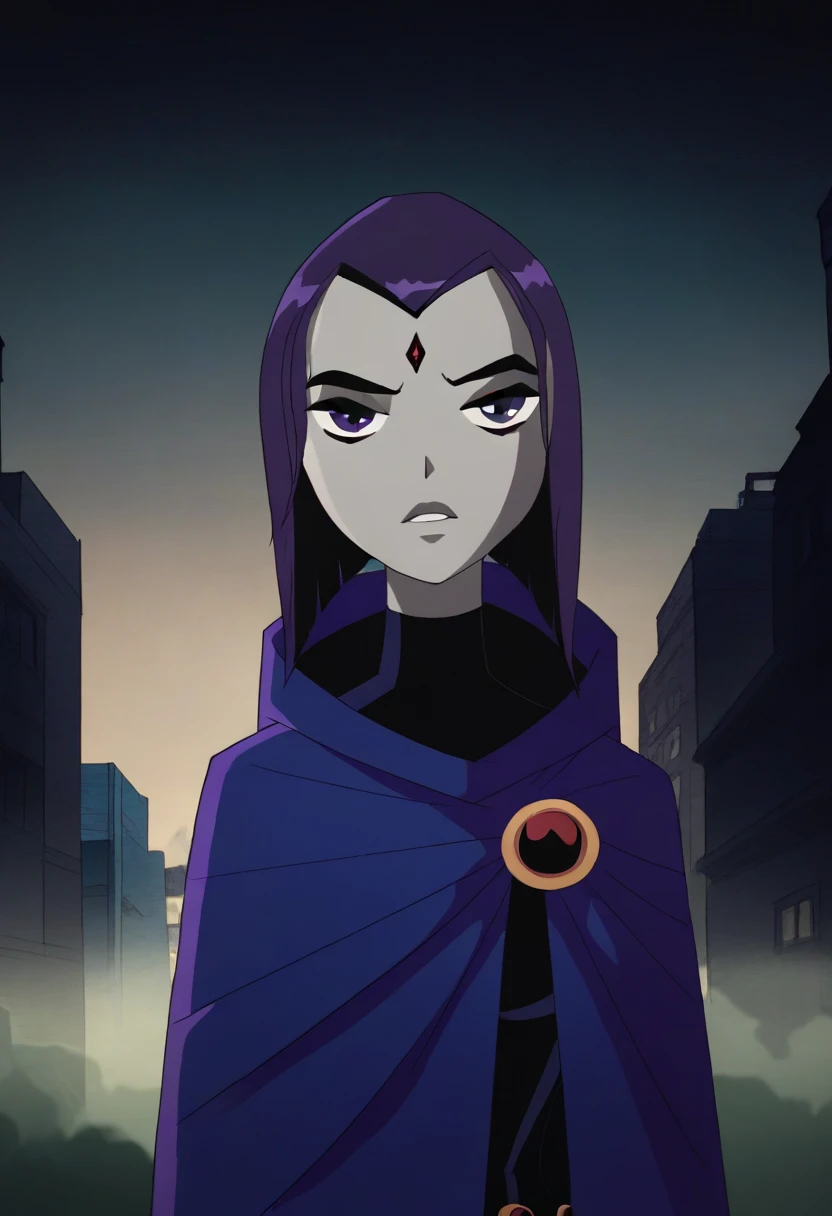 1girl, solo, raven (dc), purple eyes,  purple hair, grey skin, forehead jewel, cape covering whole body, long blue cape, cape reaches the ground, standing, night, fog, forest, city, hood covered head, Looking at viewer, High Resolution, Best Quality, Masterpiece, 