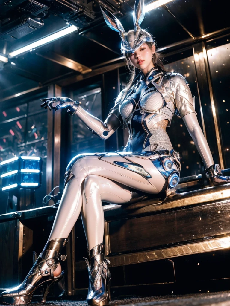 best quality, 1080P, Masterpiece, Whole body photo, Ultra high resolution, photorealistic photo, ultra realism, Realistic skin texture, ผมสีขาว, สวมแจ๊คเก็ตสีขาวcyberpunk บอดี้สูทหนังสีดำ, Extreme skin detail, dslr, Detailed eyes, Facing the camera, Very beautiful face, Firm facial structure, Pale skin, Realistic skin texture, Extreme skin detail, oc render reflection textures, Realistic light and shadow, one picture, alone, The body will be slender and balanced., Age 20, Height 170, no underwear, Flat stomach, (Shiny white leather bodysuit), full body view, Whole body photo, A girl with the body of a mechanical robot., Transparent futuristic white glass mech armor., cyberpunk,