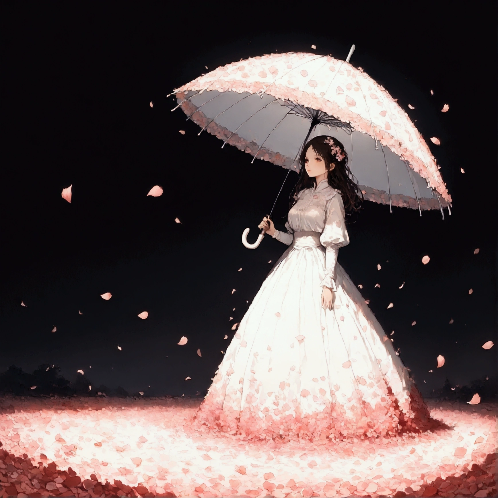 1girl\(holding umbrella\(transparent,(mass amount of petals decorate umbrella:1.3)\)\), (mass amount of petals filling in the air:1.5). petals cover ground. minimalism, simplism. BREAK .quality\(8k,wallpaper of extremely detailed CG unit, high resolution, top-quality, top-quality real texture skin, hyper realistic, increase the resolution, RAW photos, best quality, highly detailed, the wallpaper, golden ratio, high saturation realism, vibrant colors, dramatic lighting, persuasive storytelling, atmospheric scenery, captivating visuals, intricate details, strong emotions, dreamlike world\),