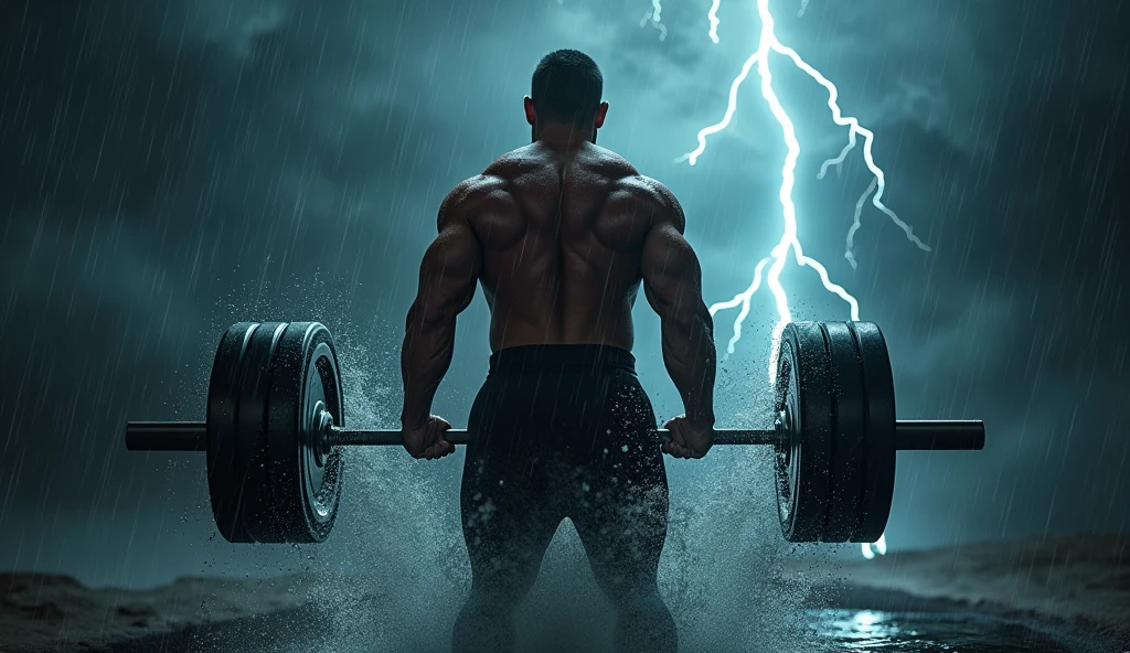 (photorealism:1. a muscular man in gym doing heavy dead lift in open thunder lighting area