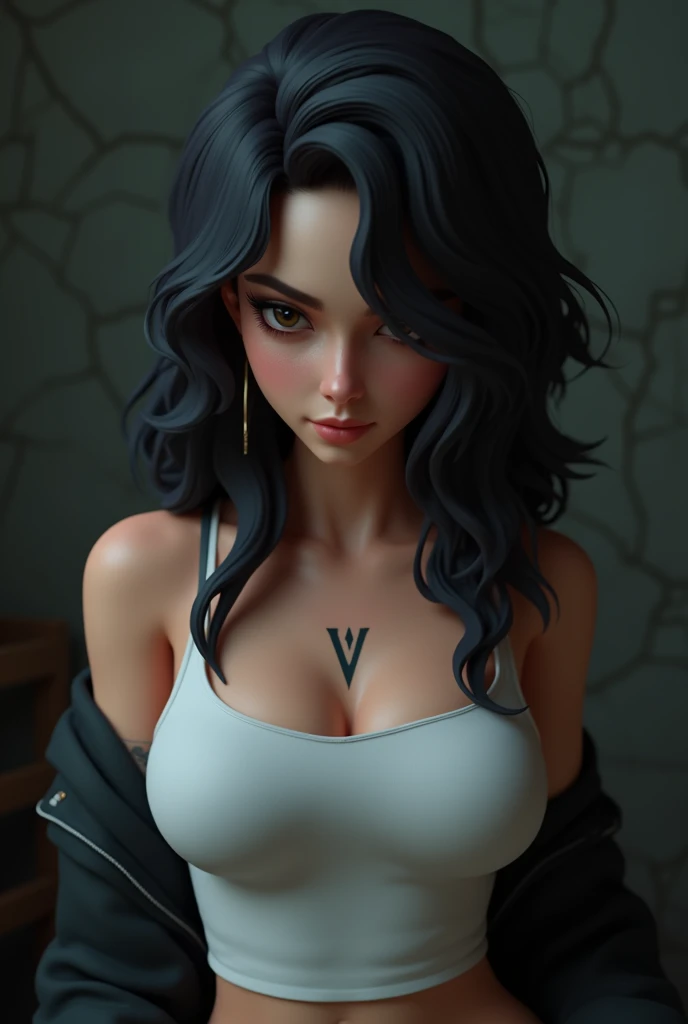 Sexy woman, black hair, single braid, seductive eyes, intense gaze, mouth parted, deep blush, flustered, lustful, beautiful face, amazing makeup, off shoulder t shirt, medium chest, cleavage, pinned against the wall