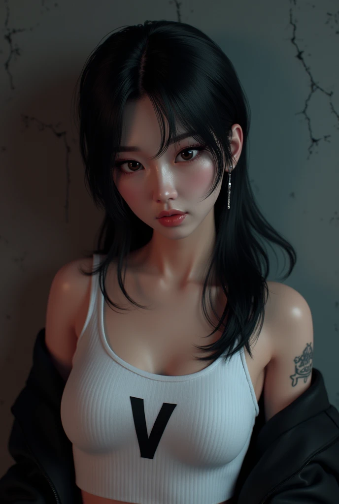 best quality, masterpiece, ultra high res, (photorealistic:1.4), 1girl, printed black sports bra and joggers , ((joggers and black sports bra)), (faded ash gray hair:1), (huge breasts:1.2), looking at viewer, closeup,long hair