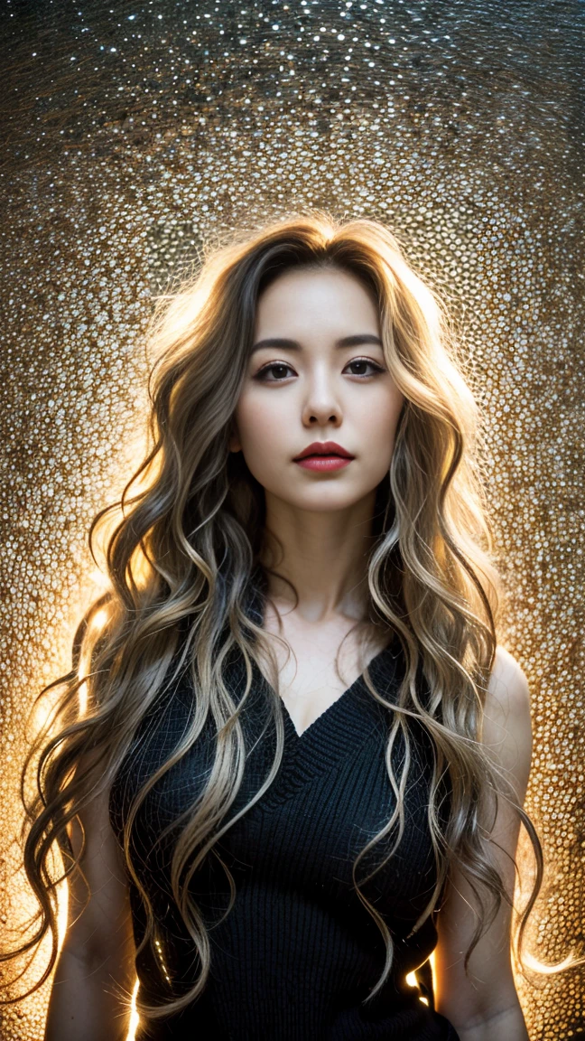 masterpiece, highest quality, 1. woman, ((Wavy hair,  Shiny hair,)), Surrealism