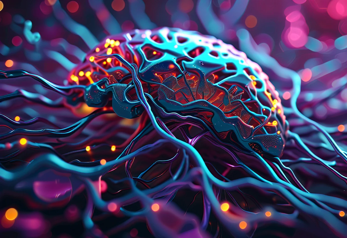 Realistic, with a "retro sci-fi" theme, a detailed depiction of the function of the neurotransmitter synapses in the human brain, sophisticated design, advanced lighting techniques, and 8K quality live-action photos