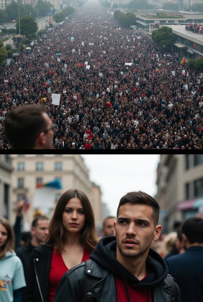 realistic style, photo, photorealistic, high detail, (sharp), (photorealism:1.2), (photo:1.2) of a a crowd of people protest in front of the mayor's house over the destruction of trees and green spaces in the city. They are holding signs that say, "Vattene via!". wide angle.