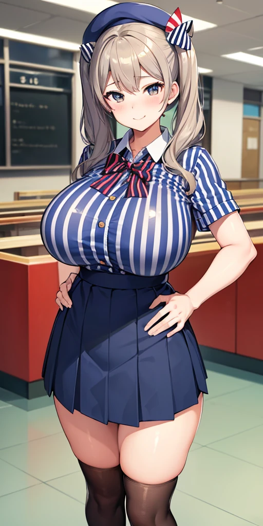 (masterpiece, Highest quality:1.2), alone, 1 girl, Kashima Lawson, smile, Looking at the audience, Hands on hips, Twin tails, beret, employee uniform, (Striped shirt), skirt,indoor, convenience store,(Huge round breasts:1.4),(Firm stomach),(athlete&#39;s chest),An athletic body,(Black bra),Firm stomach,Excited,Sweat,Troubled face,Showing off your bra,Accentuate your breasts,Open shirt,From below