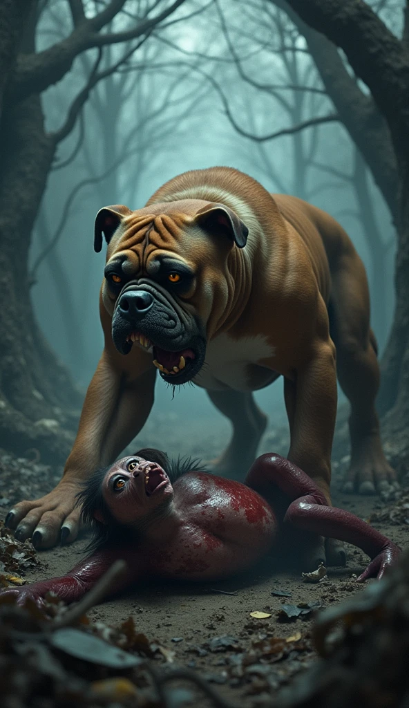 "(Best Quality,hight resolution:1.2),The woman, sophisticated,elongated face,,,,gray eyes,Expressive wrinkles,Bob haircut,Short denim skirt,tshirt,dark lace stockings with garters, standingn, ( drowning in a swamp:1.2),long eyelashes,expression of despair,Dark and moody lighting, terror. The pose expresses panic and awkwardness. Inevitable Retribution for Breaking a Taboo, A Shattered Life", (fear), ((she is chased by a huge monster)), scream, she tries to escape, monster behind her in background, (((raped by a dog monster)))