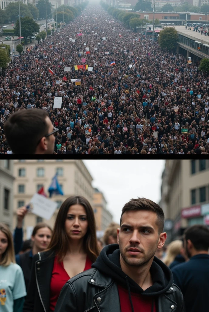 realistic style, photo, photorealistic, high detail, (sharp), (photorealism:1.2), (photo:1.2) of a a crowd of people protest in front of the mayor's house over the destruction of trees and green spaces in the city. They are holding signs that say, "Vattene via!". wide angle.