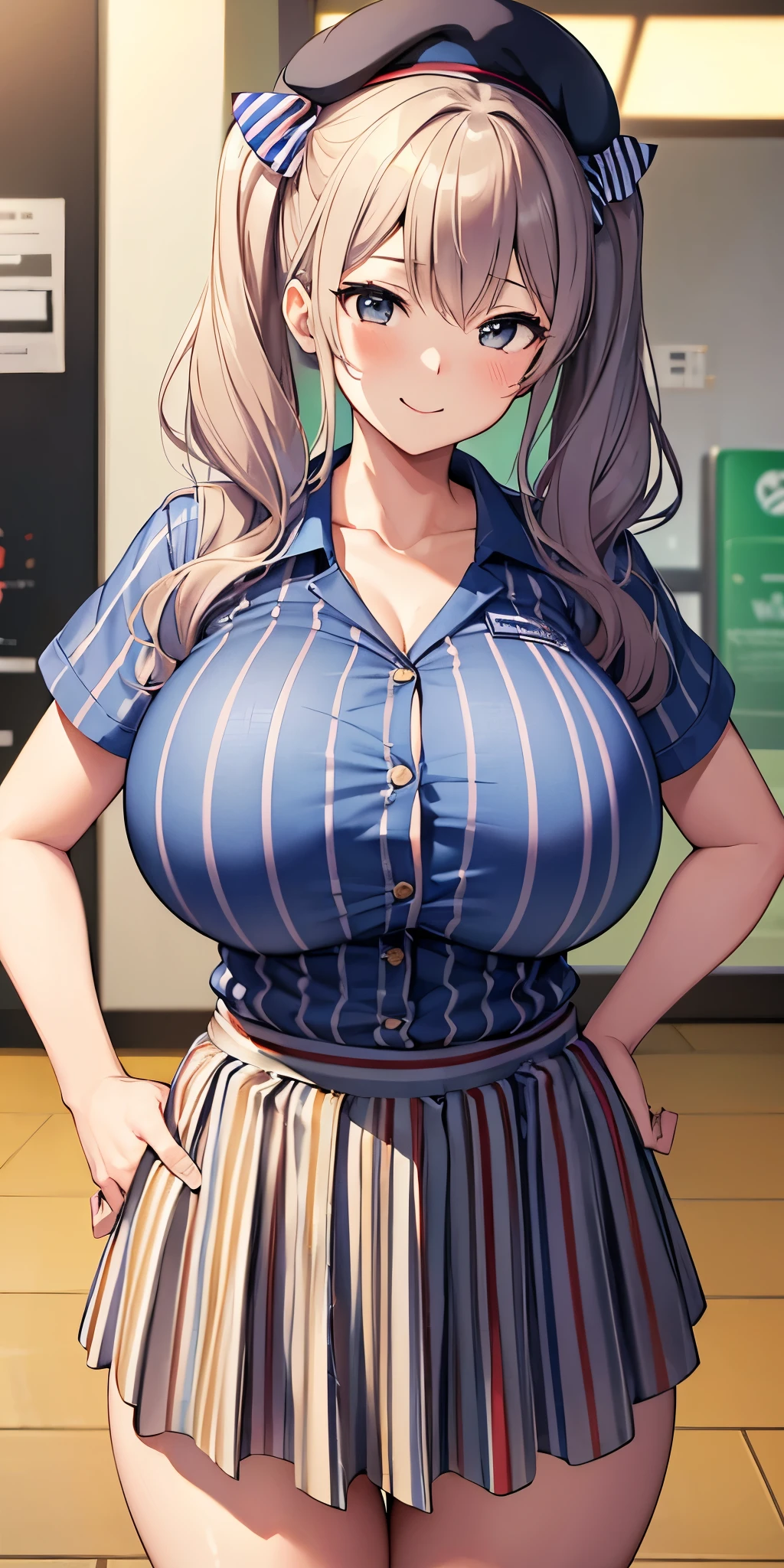 (masterpiece, Highest quality:1.2), alone, 1 girl, Kashima Lawson, smile, Looking at the audience, Hands on hips, Twin tails, beret, employee uniform, (Striped shirt), skirt,indoor, convenience store,(Huge round breasts:1.4),(Firm stomach),(athlete&#39;s chest),An athletic body,(Black bra),Firm stomach,Excited,Sweat,Troubled face,Showing off your bra,Accentuate your breasts,Open shirt,From below