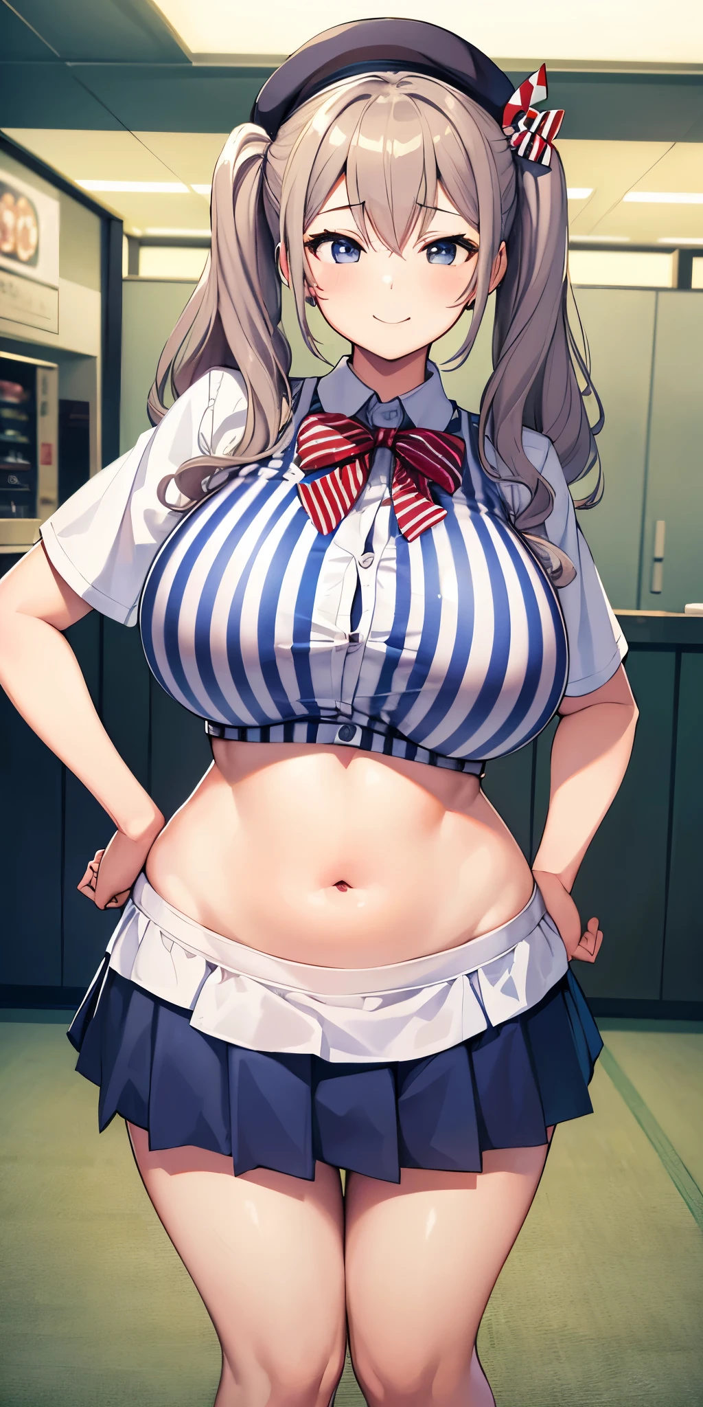 (masterpiece, Highest quality:1.2), alone, 1 girl, Kashima Lawson, smile, Looking at the audience, Hands on hips, Twin tails, beret, employee uniform, (Striped shirt), skirt,indoor, convenience store,(Huge round breasts:1.4),(Firm stomach),(athlete&#39;s chest),An athletic body,(Black bra),Firm stomach,Excited,Sweat,Troubled face,Showing off your bra,Accentuate your breasts,Open shirt,From below