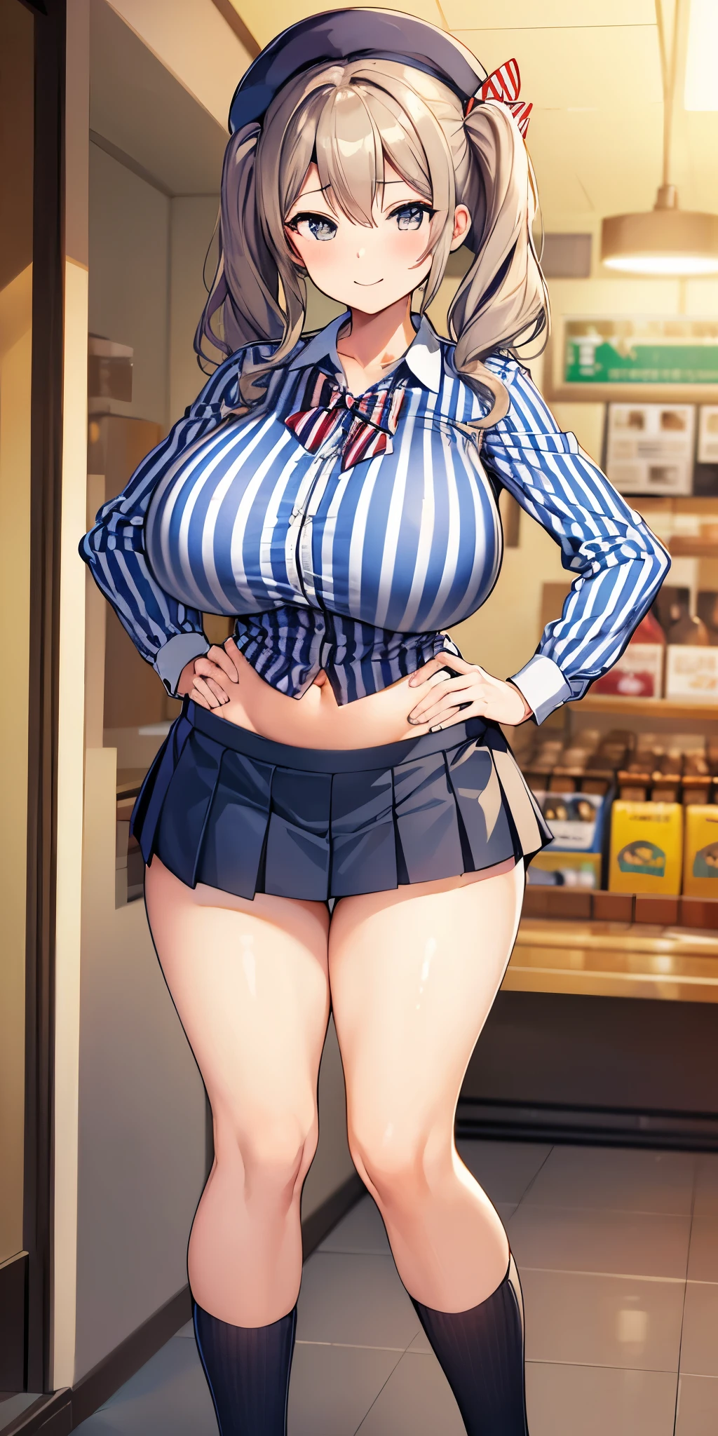 (masterpiece, Highest quality:1.2), alone, 1 girl, Kashima Lawson, smile, Looking at the audience, Hands on hips, Twin tails, beret, employee uniform, (Striped shirt), skirt,indoor, convenience store,(Huge round breasts:1.4),(Firm stomach),(athlete&#39;s chest),An athletic body,(Black bra),Firm stomach,Excited,Sweat,Troubled face,Showing off your bra,Accentuate your breasts,Open shirt,From below