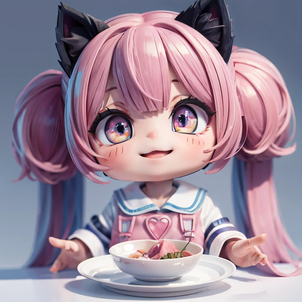 Cute chibi anime sitting on a plate, long pink hair with twin tails、I have cat ears、Wear a blue mini dress, Smiling, Logo is cheap、Iridescent colors、Heavily