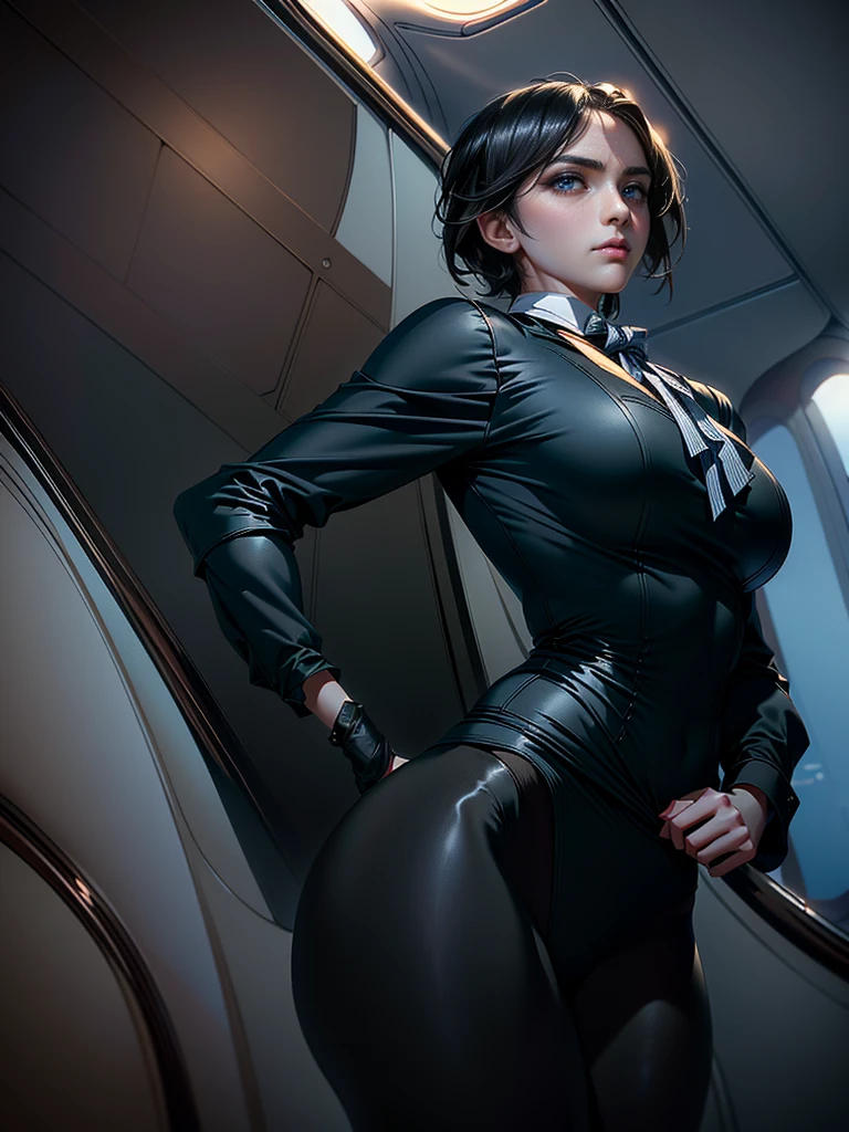 1female,35yo,plumw,extremely large ?????, 独奏,(Background with:Huge machinery,droid,aerodrome,Planes,Huge mechanical armor,) She has very short black hair,bobo head,Stand on the plane,,seen from the front, hair straight, mostly cloudy sky,(((tmasterpiece),(Very detailed CG unity 8K wallpaper),best qualtiy,cinmatic lighting,detailed back ground,beatiful detailed eyes,Bright pupils,Blue eyes,Snow-whiteskin,Redlip(Very fine and beautiful),(Beautiful and detailed eye description),ultra - detailed,tmasterpiece,))facing at camera,A high resolution,ultra - detailed),revealing breasts,Bare genitalia, Bulge,legs are open,Raised sexy,Camel toes,Flushed complexion,Desire for dissatisfaction,frontage,Stewardess(Wearing:blazer jacket,tailcoat,White color blouse,a black bowtie,Black pantyhose,Bare breasts)