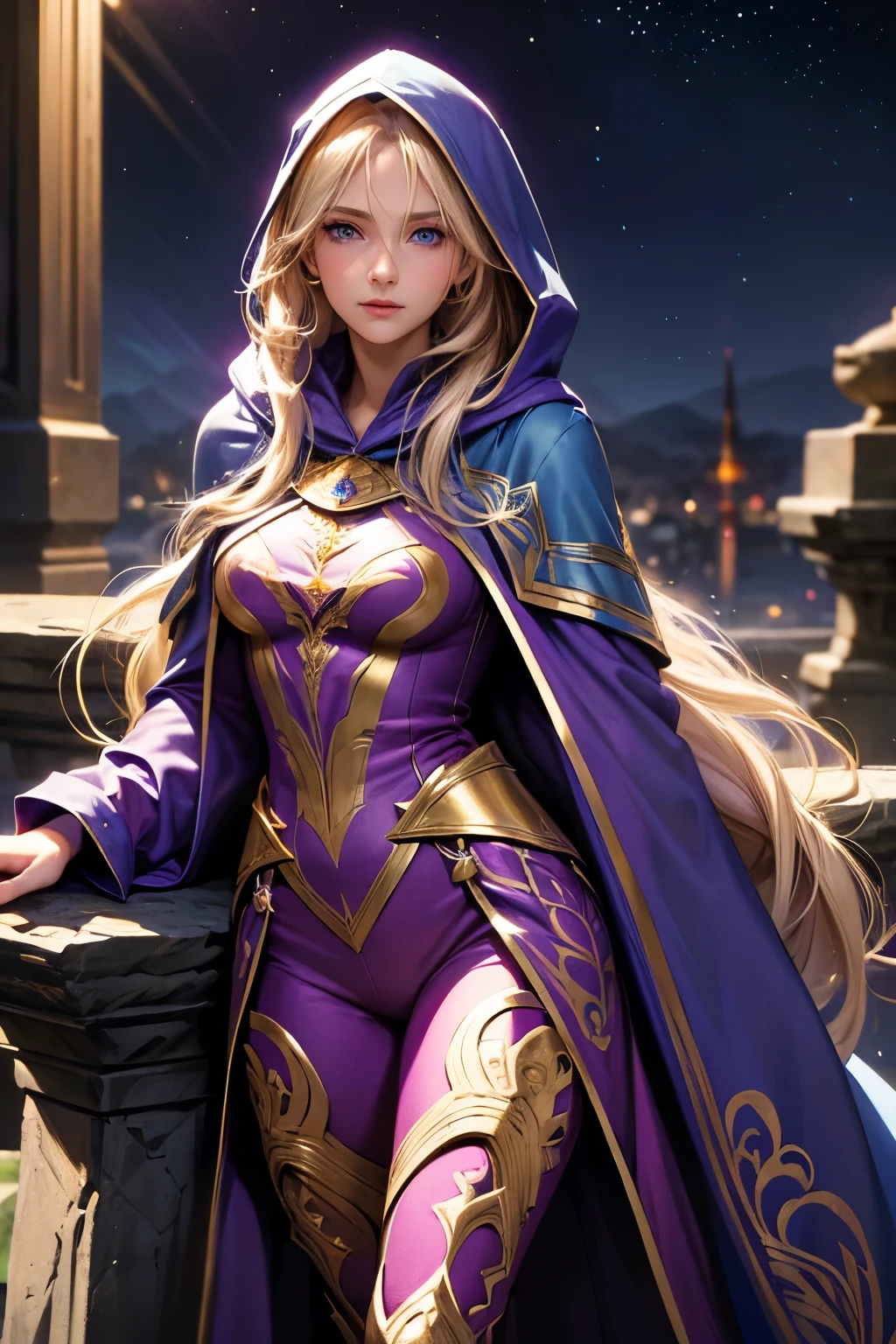 A beautiful girl, long hair, blonde hair, (detailed face: 1.4), (dressed in a blue cloak, hood covering the face), blue eyes, perfect nose, pink lips, (purple shirt with gold drawings), medium breasts, (purple pants with gold drawings), (full body), (standing on a stone), at night, cliff, flashes of light,