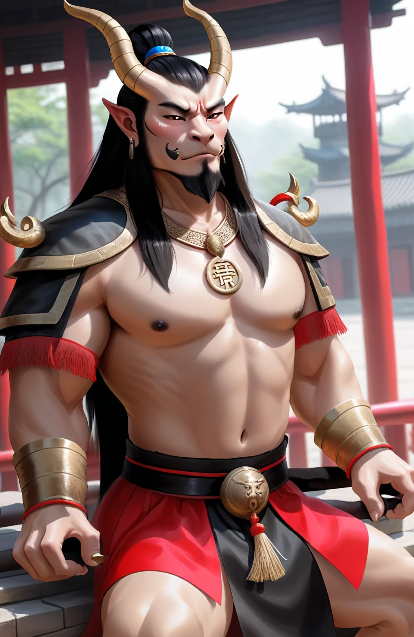 Realistic,Hot muscular Male concubine in the Han dynasty on his knees with legs spread apart, wearing ancient revealing Chinese dress with long hair and masculine features.Battle scars