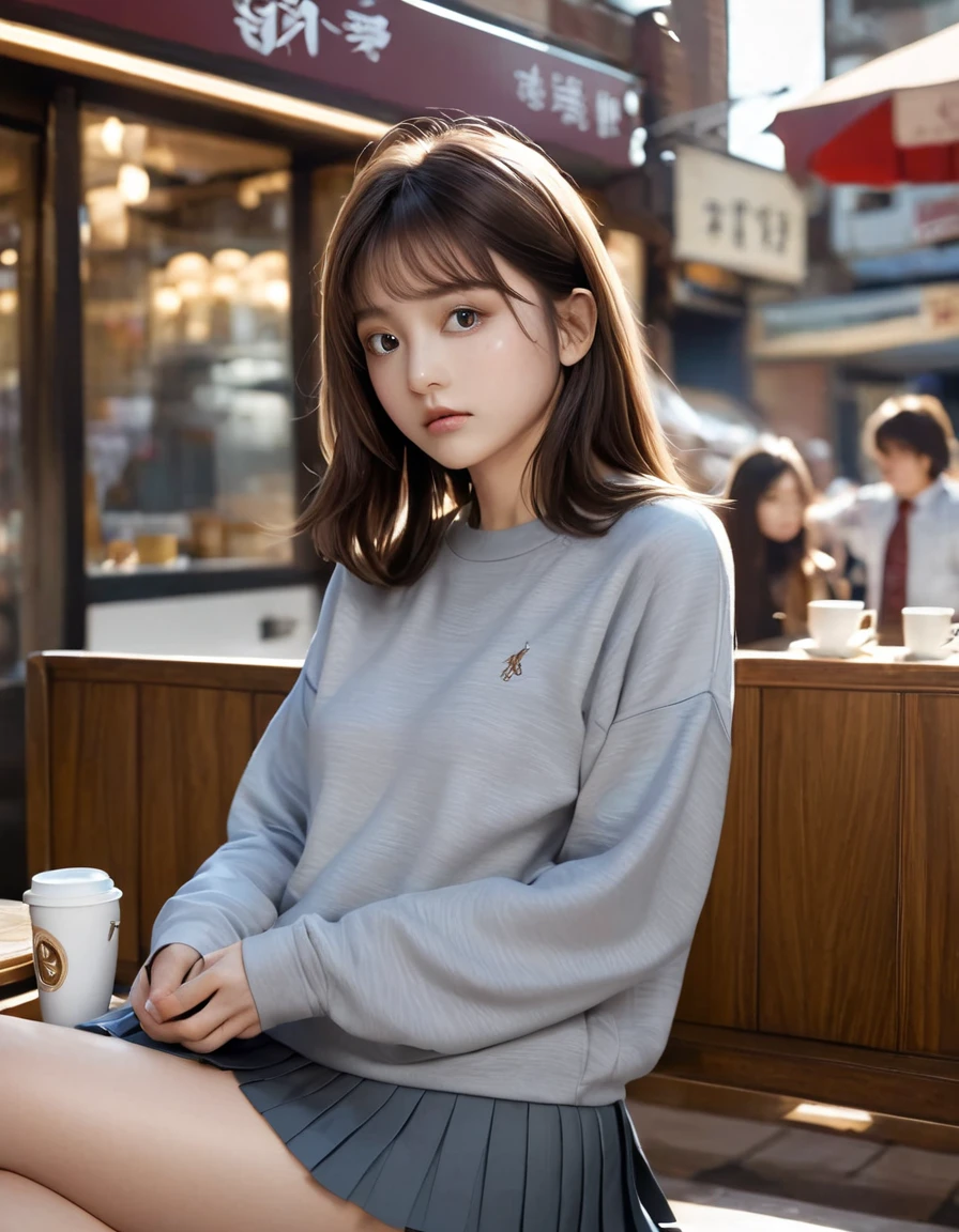 masterpiece,best quality,absurdres,beautiful pretty cute small face,1girl,shiny_skin,solo,pensive look,brown hair,long hair,straight hair,black sweatshirt, gray miniskirt, pleated skirt,white sneakers,perfect body,dynamic pose,cafe,detailed face,intricate details,cinematic composition,