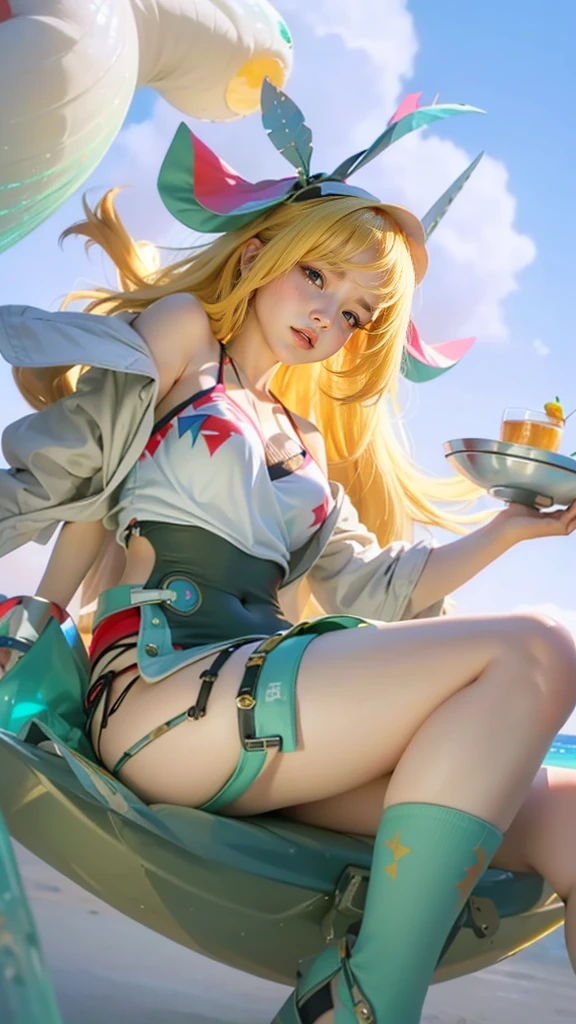 (max resolution: 1.2), (Ultra HDTV: 1.2), 8K resolution, Eye and skin details, detailed facial features, , (Sharp focus: 1.2), (Focus focuacial expressions: 1.2), Sitting girl, Cute, Long hair, Bikini, (Bikini), Looking towards viewer, Ocean water, Light, Sun, attractive young girl with flowing pink hair sits atop a hill near a breathtaking waterfall. She wears a flowing pink dress and cute cat ears, and against a backdrop of a brilliant blue sky and gentle mist, she radiates an air of innocence and serenity.