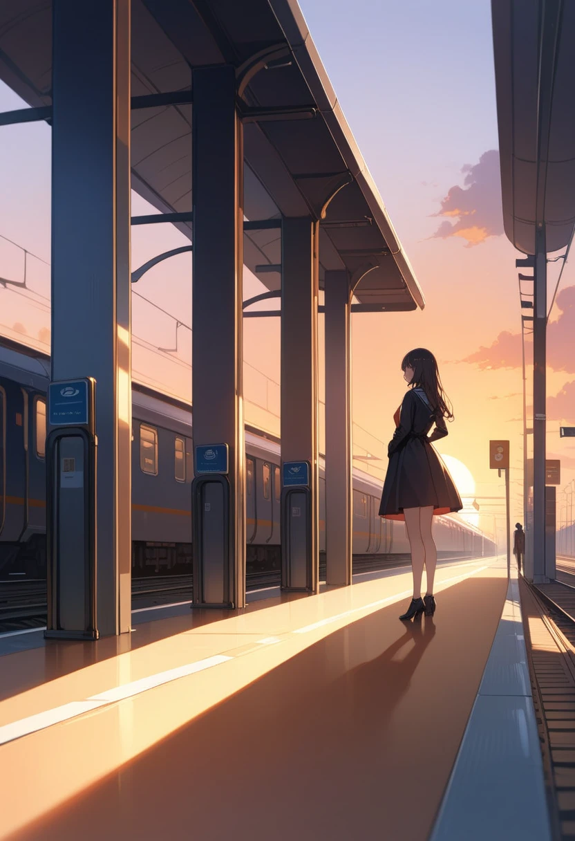 best quality, amazing quality, great quality, absurdres, Girl standing at the station ， The sunset lengthens his shadow