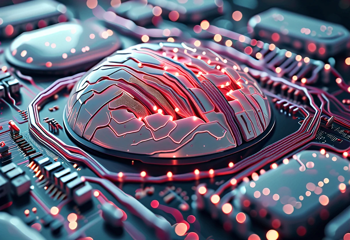 Realistic, the theme is "retro science fiction", electronic circuits are embedded in the brain, copious amounts of data are instantly analyzed within the electronic circuits, the gray-white brain is filled with countless tiny blood vessels, sophisticated design, advanced lighting technology, 8K quality live-action photos