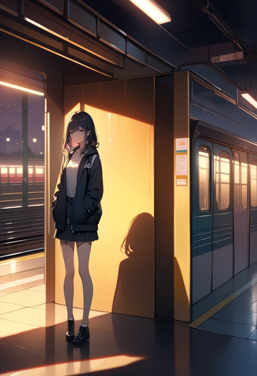 best quality, amazing quality, great quality, absurdres,  girl standing at subway station， The sunset lengthens his shadow， sad atmosphere ，Theater lights 