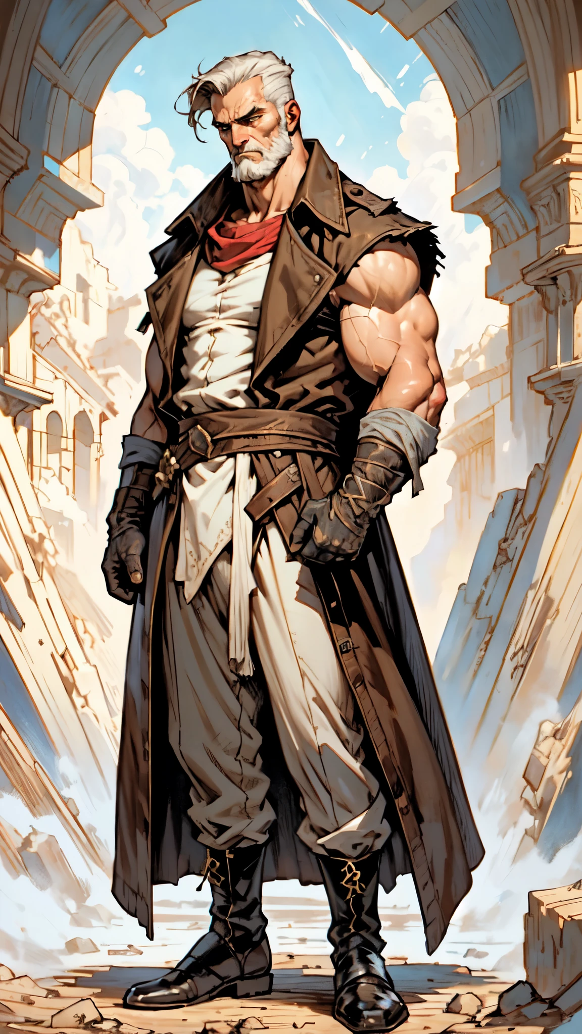 (masterpiece:1.2, best quality:1.2, extremely delicate:1.2), ((male:1.5)), an older man with medium-length long disheveled gray hair, 50 years old, sorrowful eyes, sharply defined facial features, full beard, tall and muscular physique, a simple two-piece fantasy-realism outfit, a pale yellow undershirt, a sleeveless long trench coat, long gloves, coarse fabric trousers, standing on a desolate battlefield, bowing his head in mourning, this character embodies a finely crafted fantasy-realism wuxia-style warrior in anime style, exquisite and mature manga+oil painting art style, dramatic, high definition, highres, ultra-detailed, ultra-fine painting, professional, perfect body proportions, golden ratio, anatomically correct, symmetrical face, extremely detailed eyes and face, high quality eyes, creativity, RAW photo, UHD, 32k, Natural light, cinematic lighting, (masterpiece-anatomy-perfect:1.2)