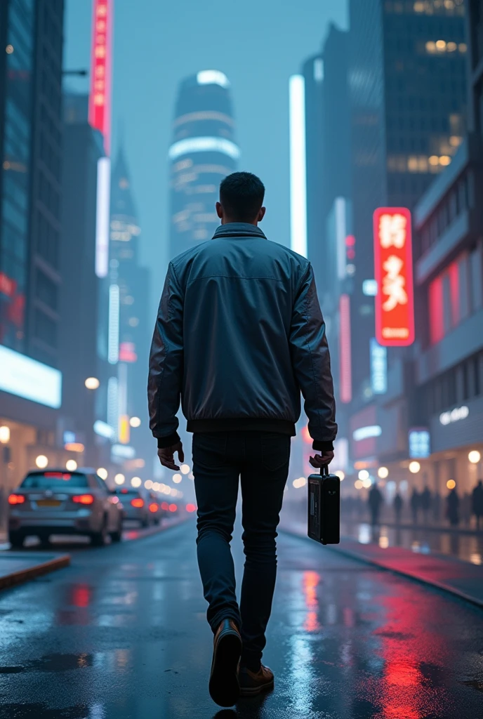 Jacketed man heading for future city at night photographed from behind