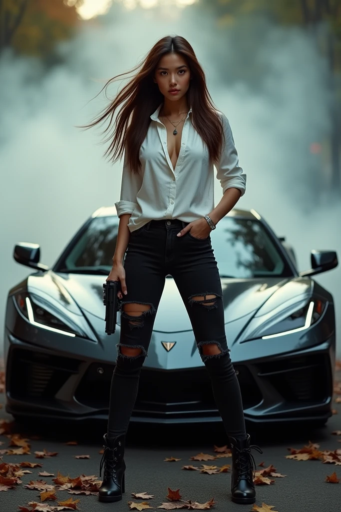 (photorealism:1.2), chevrolet corvette c8 zr1 with its lady owner, a highschool girl, with a tied school uniform, showing her skinny belly and deep belly button, sitting at the front hood, holding a pistol and a combat knife