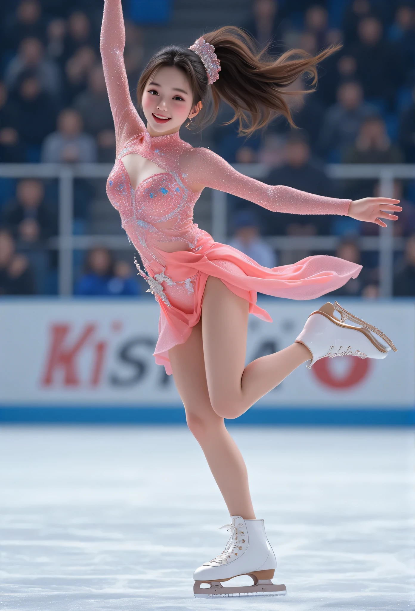 (super cute loli face:1.1),(sparkling clear attractive large glowing eyes:1.1), very beautiful loli girl,(:1.2),fair skin,(happy cheerful smile),professional photograph ,very cute figure skating uniform,skating pose,(super shiny metallic coral pink transparent holographic costume:1.2),
skating arena stadium,beautiful knees