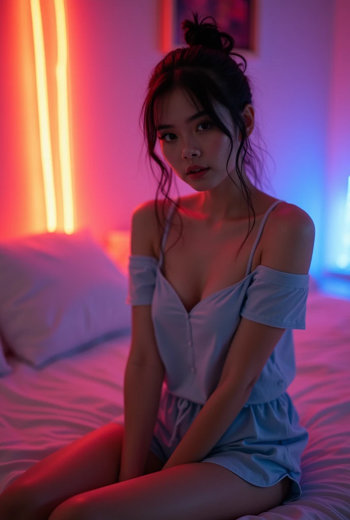 A sexy Japanese woman sits on a bed, hugging a large pillow, with her huge breasts partially hidden by the pillow, her cleavage exposed, looking at the viewer, full body shot, movie lighting, glow, neon, cleavage, thigh, short skirt, sexy, denim jacket, black long straight hair
