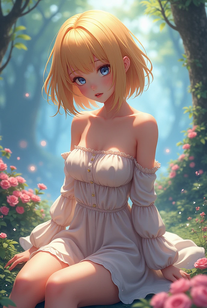 (masterpiece, best quality:1.4), Young blonde beauty, (((18 years old, neat girl))), detailed blue eyes, long eyelashes, blush, kind smile, horny, upper body, short top, small ass, short pink skirt, (looking at viewer), (close up), beautiful blonde hair, white-skinned, (bangs:1.3), pigtails, squeezing, (medium size breasts), (mushroom forest, celestial forest, beautiful and magnificent pink sunshine, majestic sky), natural light, pastel colors