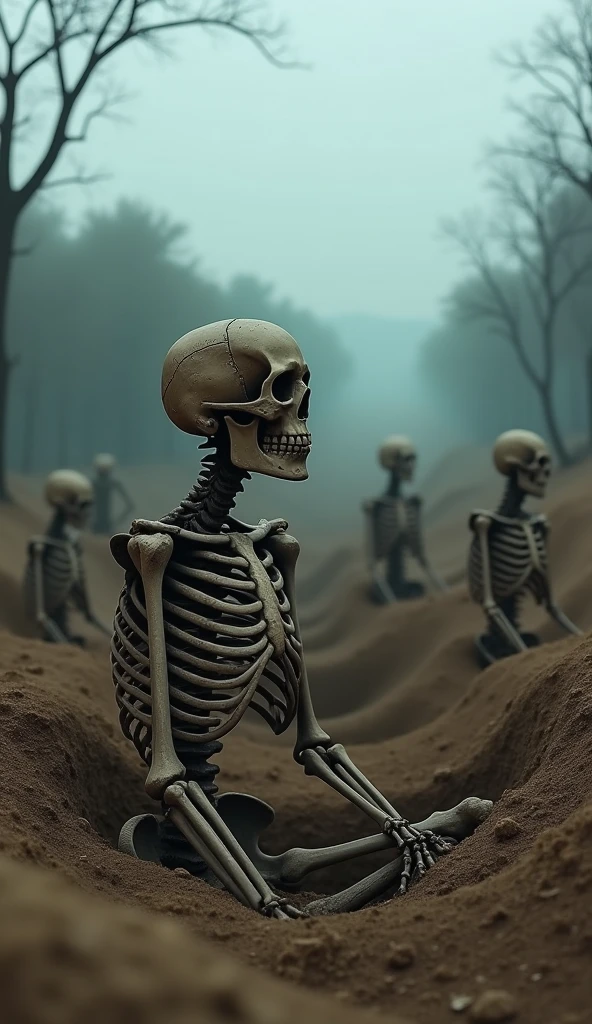 Three skeletons sitting on a bench, gray progressive background, hands cover eyes, cover ears, covering mouth, Ultra-high-speed photography, realistic hands. [The character is surrounded by mist, evoking a mysterious and eerie atmosphere. The lighting is dark and atmospheric, with smoke adding a touch of sinister ambiance. Best quality image, HDR enhancement, showcasing the utmost level of detail and realism, full body shot:1.5]. [8K, Best Quality, Ultra High Resolution, (highly detailed CG unity 8k wallpaper), (best photo), (best shadows), isometric 3D, octane rendering, ray tracing, highly detailed, (Best quality, 4K, 8k:1.2), absurdity, ultra detailed, (realistic, photorealistic, photorealistic:1.37), complex parts, HDR, (complex parts:1.12), (hyper detailed, hyper realistic, Soft lighting, spicy:1.2), (complex parts, Hyper detailed:1.15). Blurred foreground. (backlit), masterpiece, high quality, brightness, chromatic aberration, foggy smoke, shadows, contrast, clear sky, (warm hue, warm tone), high details, natural reflections].