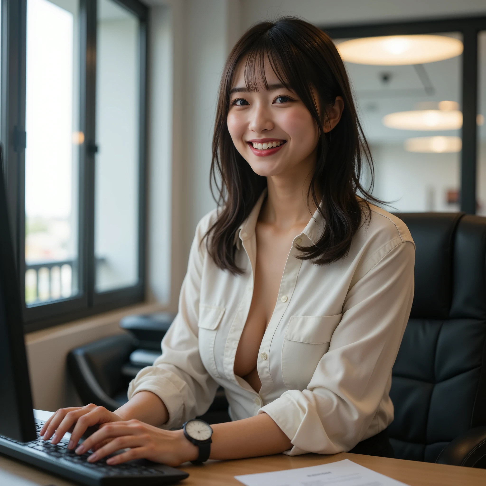 24year old beautiful girl、beauty、Japanese、cute、beautiful girl、slim、Highest quality、Realistic、16K、Panorama、((Highest quality, 8k, masterpiece: 1.3)), 1 girl, whole body, slim face, Beautiful woman,Work on a computer at your desk, White wall, plant, Sexy pose, Blur the background, concentrated,ネイビーsuit、Sit on a chair and work on a computer、Look at your computer screen
(((masterpiece))), ((Highest quality)), ((Exquisitely crafted)), ((Surreal)), irrational solution, Mature Woman, Mature Woman, perspective, Very detailed, shape, One Girl, ((Large breasts)), Perfect hands, Detailed fingers, Beautiful attention to detail, Permalong hair,ネイビーのタイトsuit, blue eyes, Name tag, chief executive officer(chief executive officer(chief executive officer(CEO))), (suit:1.2), Open blazer, shirt, Tight Skirt,, Earrings, Detailed Background, Bedroom, Perfect Eyes, Large breasts、Laugh a little