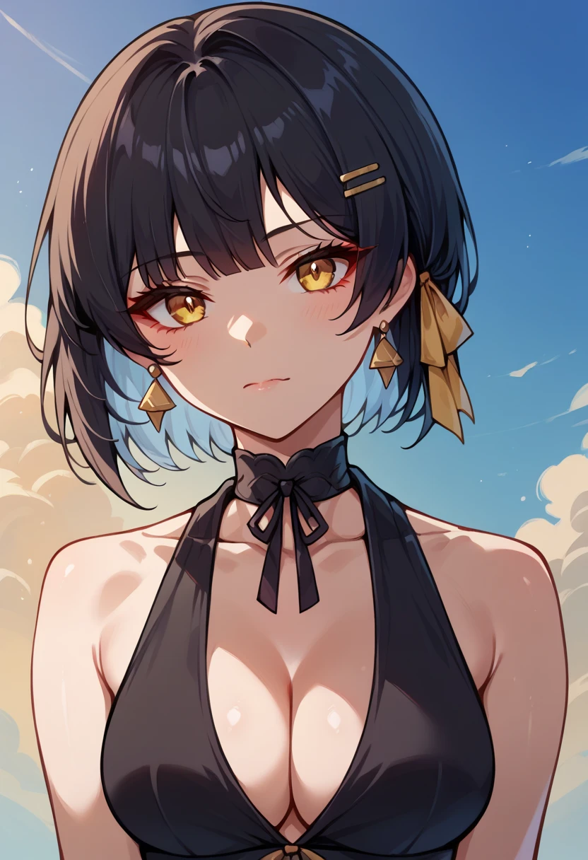 score_9,score_8_up,score_7_up,score_6_up rover-wuwa, 1girl, solo, ribbon, looking at viewer, short hair, black hair, yellow eyes, upper body, breasts, hair ornament, closed mouth, hairclip, cleavage, bangs, earrings, sky, hair ribbon, jewelry, outdoors, black dress, sleeveless