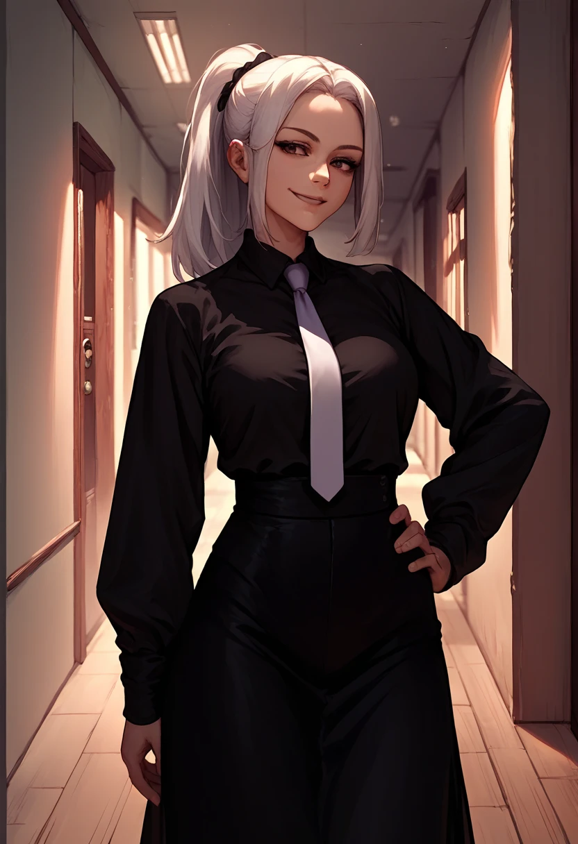 score_9,score_8_up,score_7_up,score_6_up, meimeijjk,  source_anime, 1girl, smile, looking at viewer, standing, hand on hip, white hair, ponytail, black shirt, white necktie, long skirt, black skirt, indoors, hallway