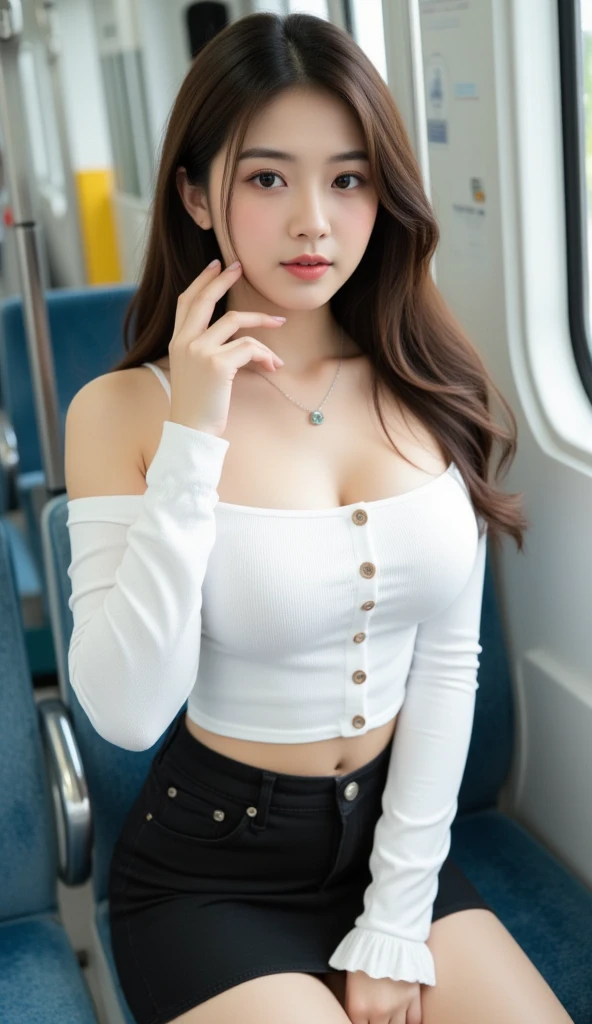 A small beautiful Thai woman is sitting on chair at a sky train, a stylish ensemble consisting of a white off-the-shoulder top. The top has long sleeves and a fitted, smocked bodice with button detailing down the front, creating a chic and modern look, that reveals her midriff. The black mini jeans skirt, large full breasts, shallow depth of field, (wide hips, tight ass, bubble butt) (tight-fitting), (skin-tight), entire body with face visible,From Above, Long Hair, Close-Up, 