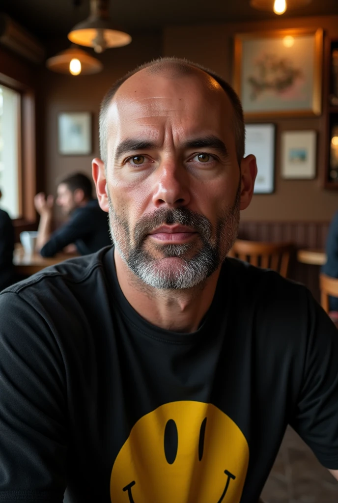 portrait from a bald man with a short gray stubble. he wear a black shirt with yellow smiley pattern. he sitting in a Café. 8k photography, uhd