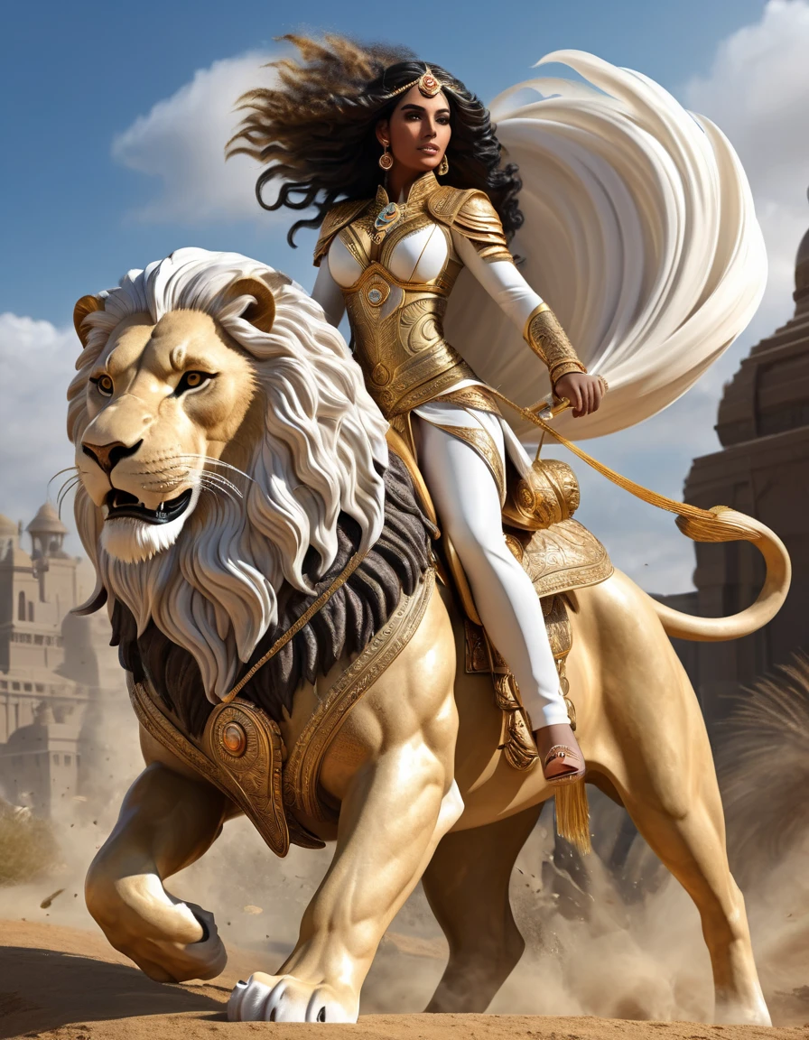 Create an action-packed scene featuring a Middle Eastern woman with flowing black hair and golden brown skin, big breasts, thin waist, big wide hips, big thighs, she is riding a majestic white male lion, the lion has wide-spanned wings. The woman is partially hidden behind the lion's magnificent mane. She has a fierce expression, her hands holding the lion, hidden behind the lion's head and mane. 

The perspective should be dynamic, using a low angle to emphasize the grandeur of the lion and the thrill of flight. The background should have contrasting colors that highlight the subjects, filled with intricate details like swirling clouds or distant mountains to enhance the sense of motion and excitement. 