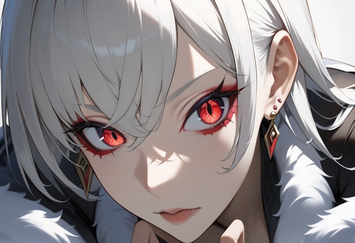 (Portrait:1.4), (masutepiece:1.2, Best Quality:1.2), bottom-up, Full body, 1 girl with white hair, Solo, Looking down, Face Focus, Extreme facial details, Cool eyes, extremely detailed eye, goodlooking, makeup, Fingers on lips, Red Eyes, Thin, slim, white fur coat, Black tights, earrings, (Marco) Cafe)