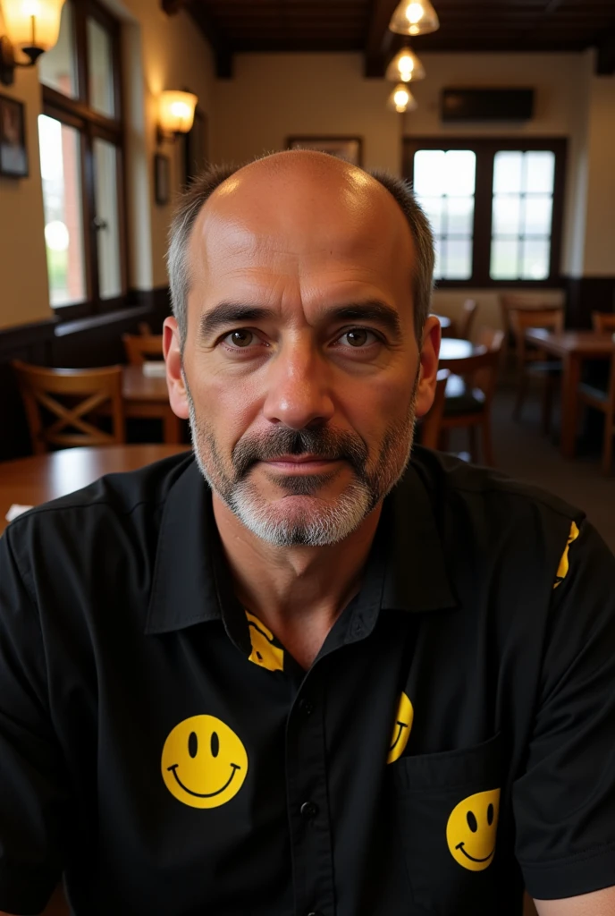 portrait from a bald man with a short gray stubble. he wear a black shirt with yellow smiley pattern. he sitting in a Café. 8k photography, uhd