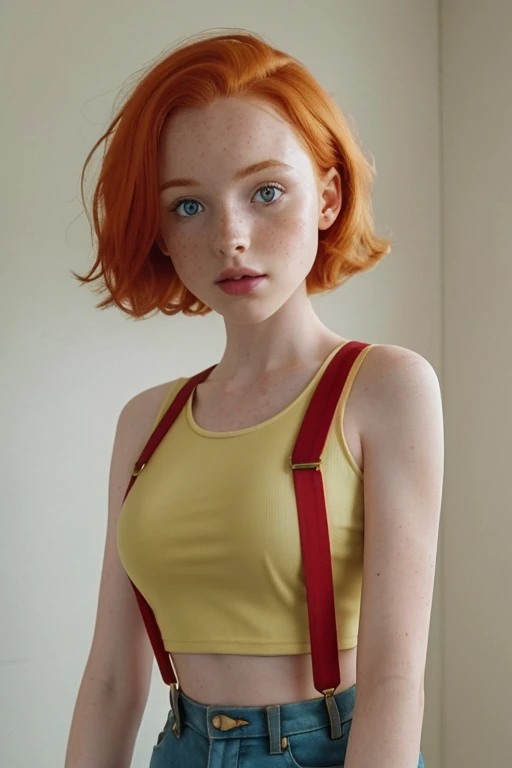 1girl in, age 12, Madelaine Petsch, photo of perfect woman, 5'3", Solo, Aesthetic artwork, (irish redhead, wavy ginger hair, shoulder length ginger hair:1.25), (some small freckles, pale skin, small breasts, B-cup, runners body, very thin waist, skinny, petite, detailed skin texture), (blank background, plain background, blank wall, (wearing an yellow cropped tank top, yellow shirt, denim short shorts, daisy dukes, Misty from pokemon, Misty cosplay, (red suspenders: 1.25), (extremely detailed 8k wallpaper), soft lighting, high quality, film grain, Fujifilm XT3 sharp focus, f 5.6, 50mm, High Detail, Sharp focus,(natural light), crazy details, complex details, hyper detailed