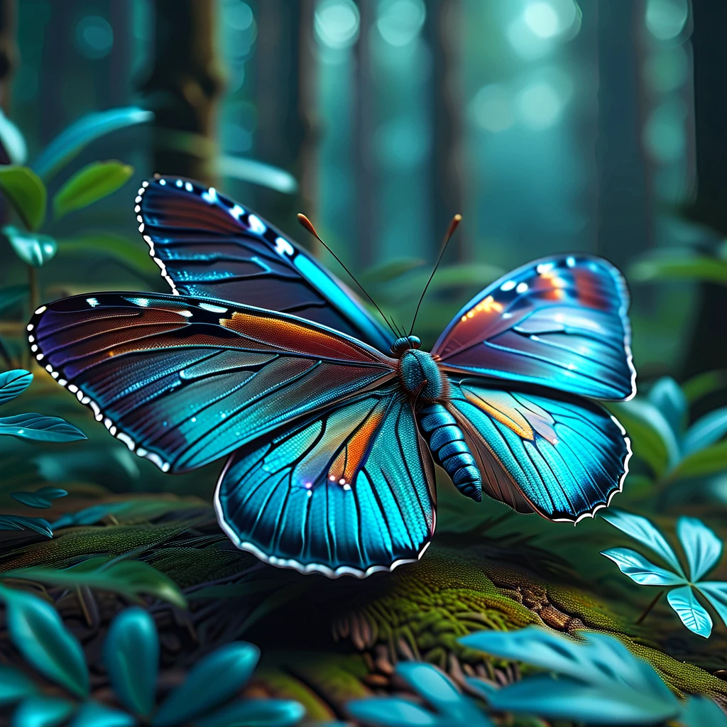 Realistic, with the theme of "the microscopic world", a close-up of the insect, the Bluebottle butterfly, resting its wings quietly in the forest, sophisticated design, advanced lighting technology, and 8K quality live-action photos