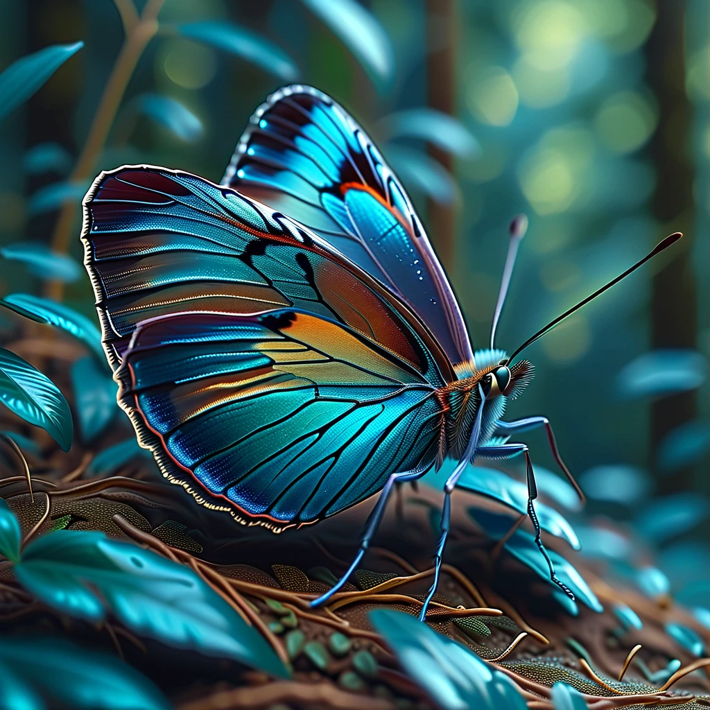 Realistic, with the theme of "the microscopic world", a close-up of the insect, the Bluebottle butterfly, resting its wings quietly in the forest, sophisticated design, advanced lighting technology, and 8K quality live-action photos