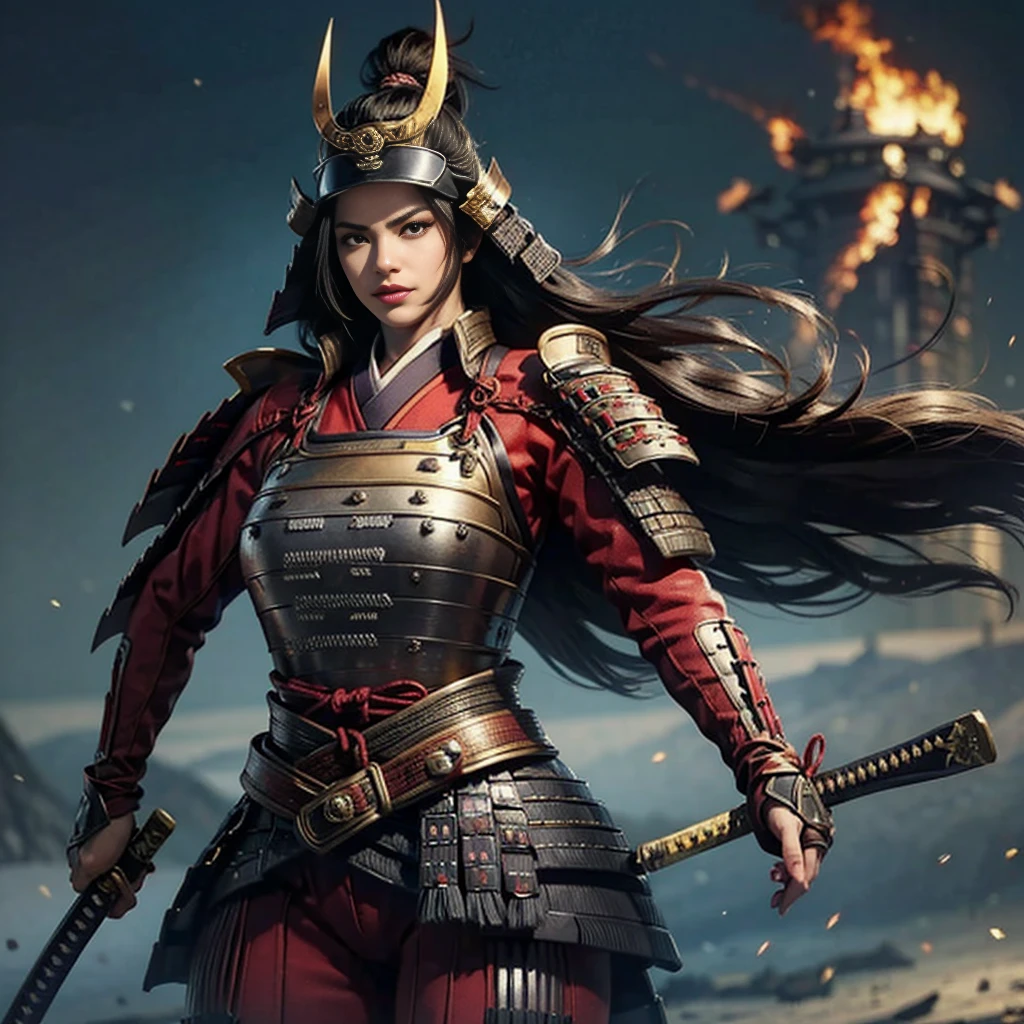 A sexy female samurai warrior from the Sengoku era, wearing traditional armor with a design that highlights her voluptuous chest and thick thighs. Her attire is a mix of elegant and battle-ready, with some areas of the armor subtly revealing her curves. She holds a katana in a powerful and confident stance, her sharp eyes focused as if preparing for an intense battle. The background depicts a battlefield filled with smoke, fire, and silhouettes of fighting soldiers in the distance. Ultra-high resolution, hyper-realistic detailing, showcasing the glossy texture of the armor, the fabric’s intricate patterns, and the dynamic energy of her pose."