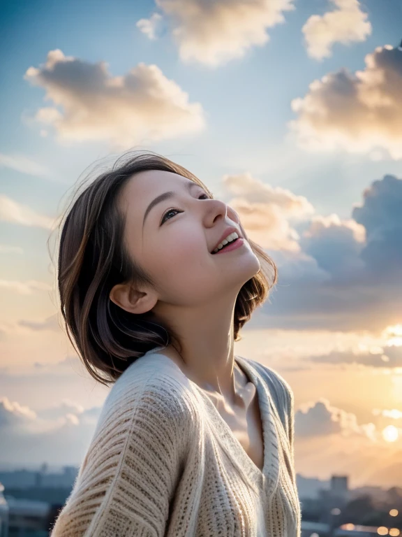 masterpiece,  best quality ,  movie stills ,  Japanese, female 1 person, Sexy Housewife, Small face, Cloud Girl,  in the sky, close,  bright ,  happy ,  Warm Soft Lights , (sunset:0.7), Open your arms and look up at the sky, ywife, 1
