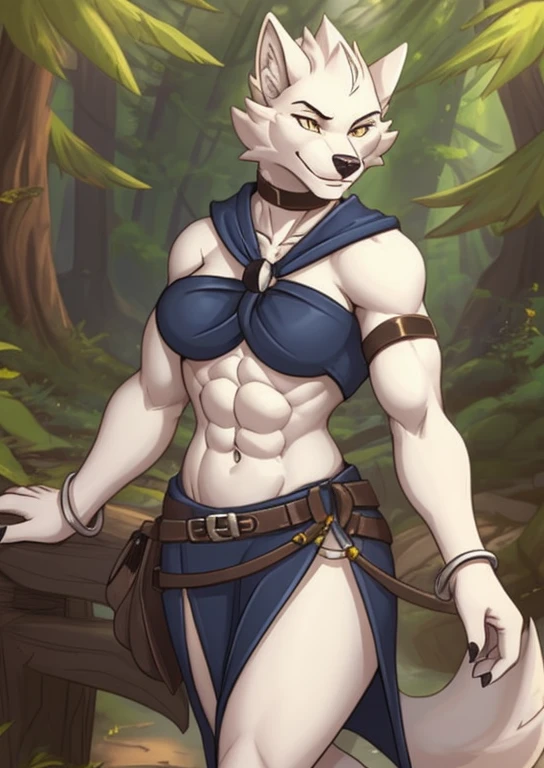 verissa, solo female, solo, clothed, looking at viewer, smile, navel, bare shoulders, closed mouth, collarbone, choker, belt, bracelet, arm support, ring, armlet, breasts, medium breasts, sunny day, canine face, snout, canine, wolf, (white fur), (abs:1.4), (large arm muscles:1.2), (large leg muscles:1.2), (tall female:1.2)