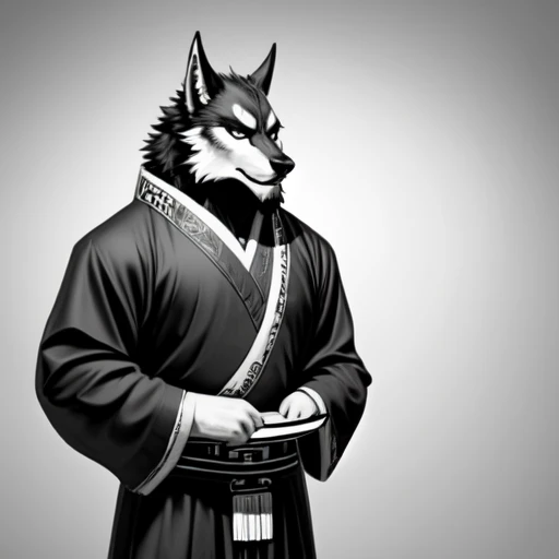  black and white、 no background、A werewolf wearing Chinese-style clothes