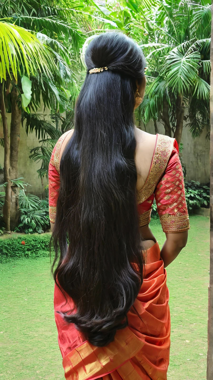 Indian longhair saree thick loose hair thickhair thick longhair silky hair Long Hair, High Resolution, Very Long Hair, High Resolution, Best Quality, High Details, UHD, Super Detailed, Long Hair, Black Hair, Very Long Hair, Breasts, Large breasts, thick loose hair back-view, back view 