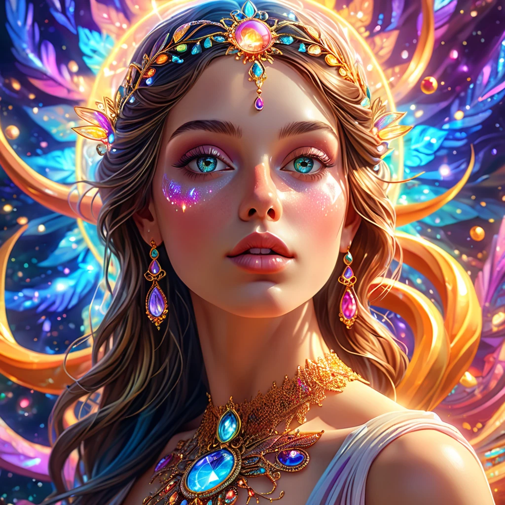 psychedelic divine surreal truth flat design, 1girl, extremely detailed face, beautiful detailed eyes, beautiful detailed lips, beautiful detailed nose, long eyelashes, ethereal goddess, flowing ethereal dress, glowing aura, magical energy, glowing crystal orb, intricate patterns, abstract swirling background, warm soft lighting, vibrant colors, dreamlike atmosphere, (best quality,4k,8k,highres,masterpiece:1.2),ultra-detailed,(realistic,photorealistic,photo-realistic:1.37)