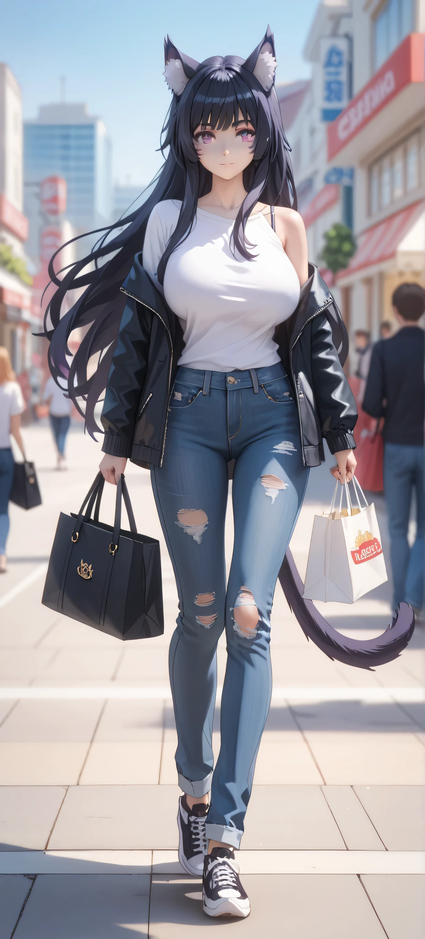 Tall girl, Fit girl,score_9, score_8_up, score_7_up, score_6_up, uncensored, delta, delta from eminence in shadow, long hair, black hair, animal ears, purple eyes, cat ears, animal ear fluff, facial mark,huge breast, tail fluff, denim, pants, jeans, bag, shirt, shoes, black_hair, long_hair, white_shirt, holding, sneakers, jacket, black_footwear, looking_at_viewer, walking, holding_bag, skirt, solo_focus, torn_clothes, outdoors, blurry_background, off_shoulder, torn_pants, handbag, shopping_bag, torn_jeans, blue_pants, standing, long_sleeves, blurry, full_body